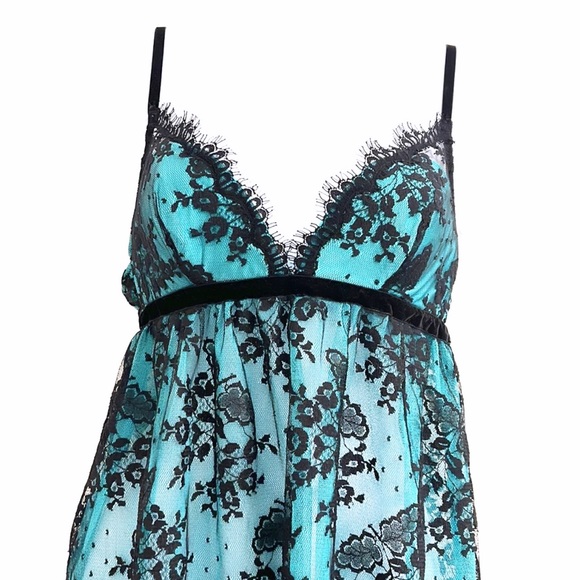 Vintage Victoria’s Secret Teal Black Mesh Lace M Babydoll slip dress Y2K - Picture 5 of 6